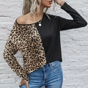 Women Two Tone Black / Leopard Print Tee Long Sleeve